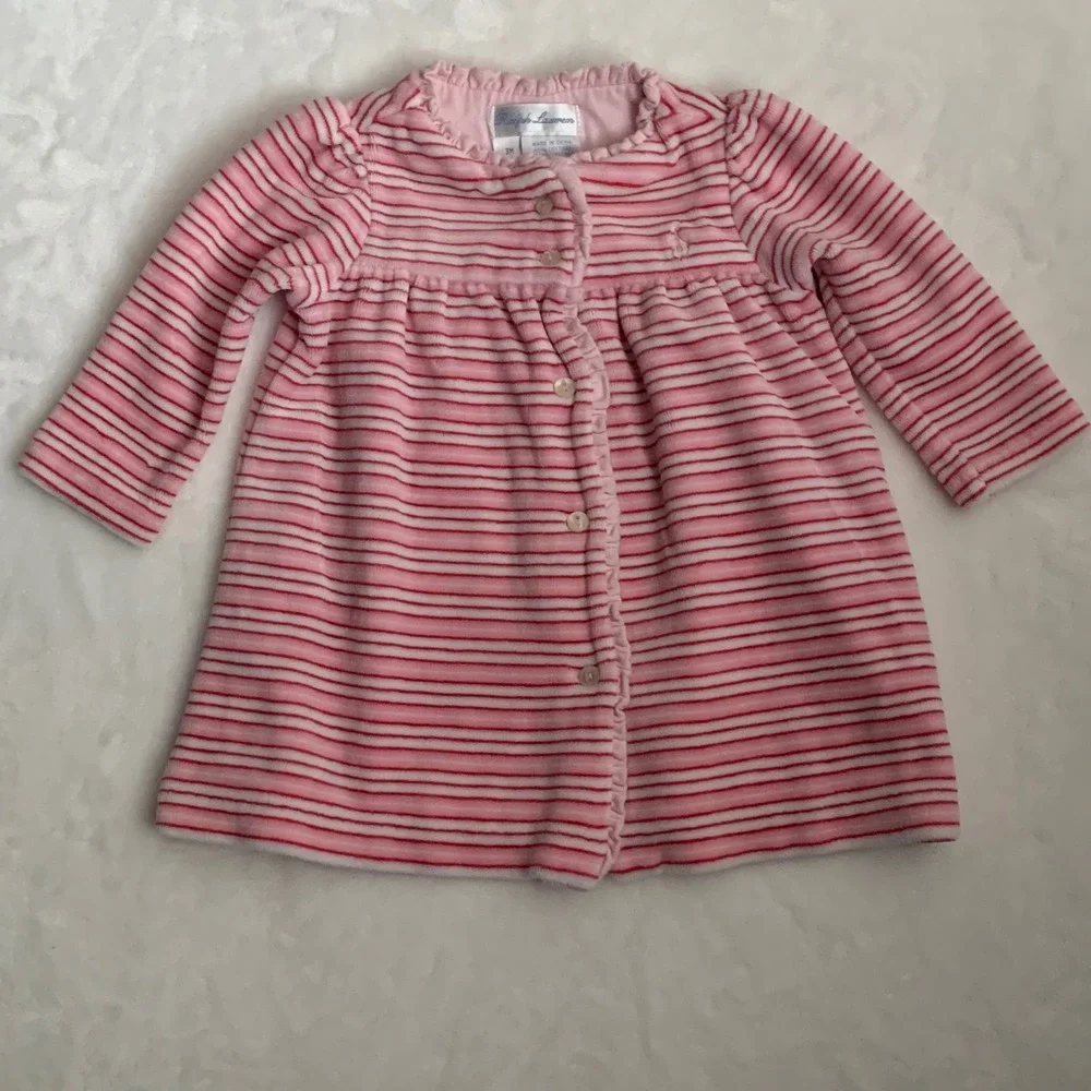 Ralph Lauren Baby Girl Pink Stripe Velour Button Front Dress 3 Months Valentine